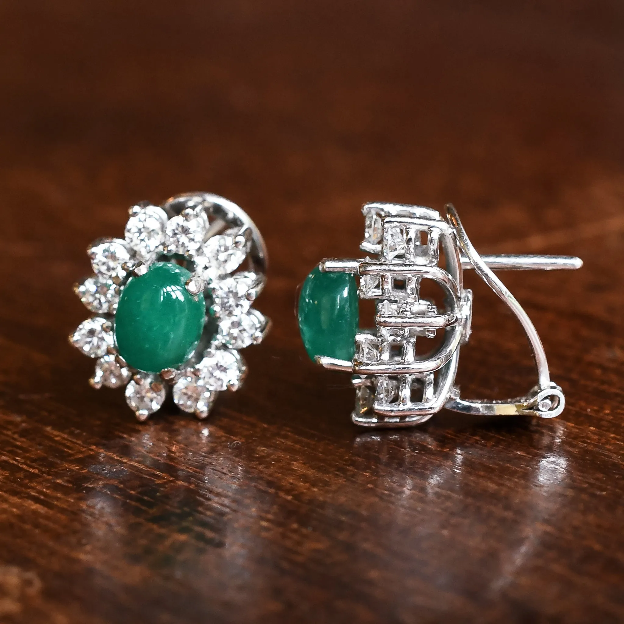 1980s Cabochon Emerald & Diamond Flower Earrings