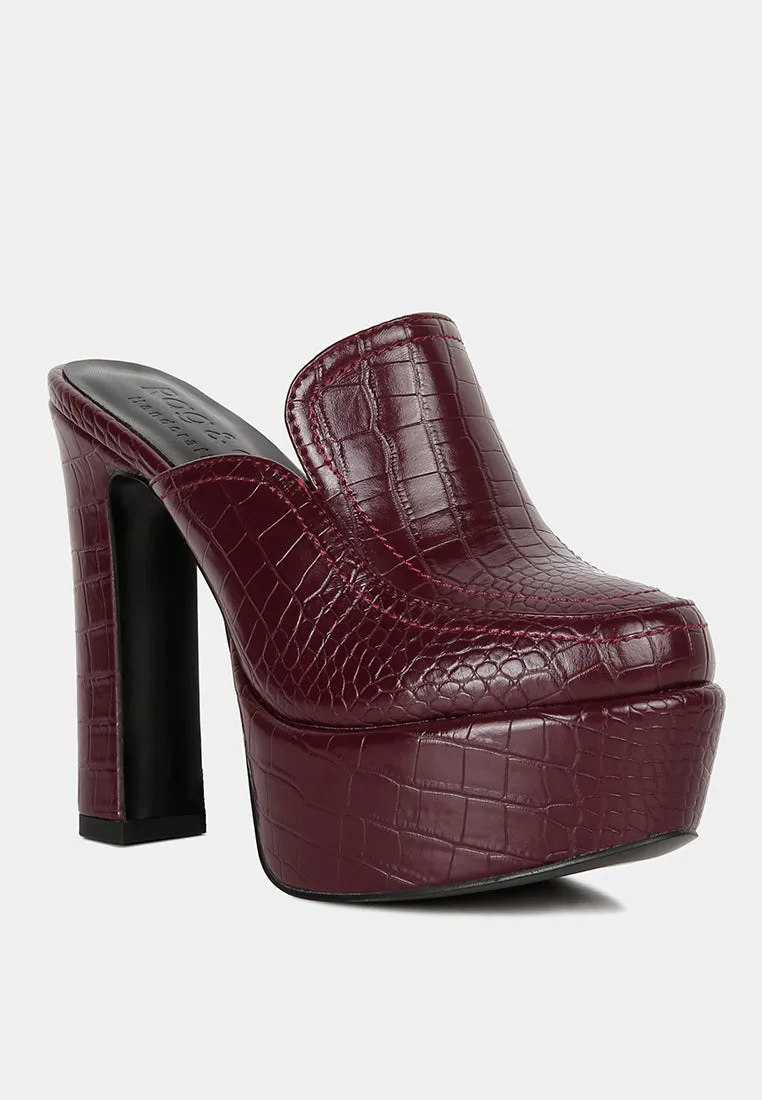 Bauhaus Croc Pattern Heeled Platform Mules By Ruw