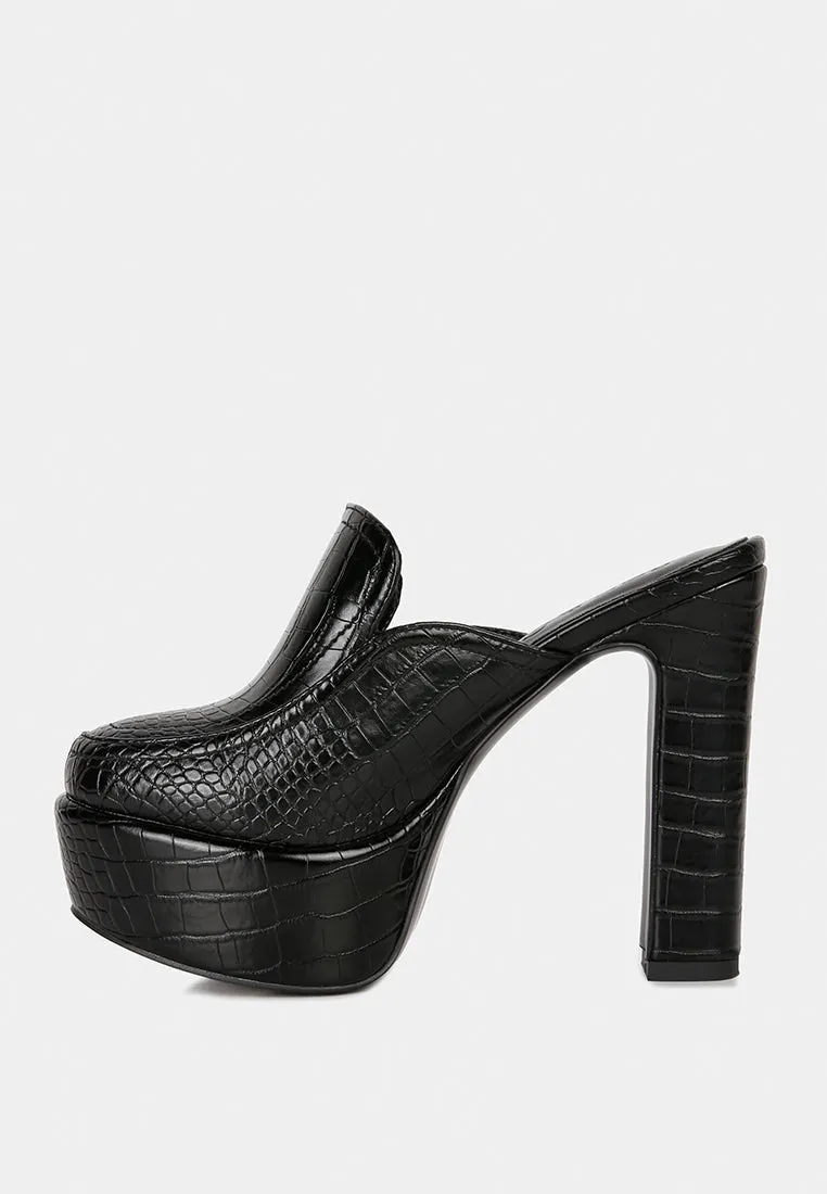 Bauhaus Croc Pattern Heeled Platform Mules By Ruw