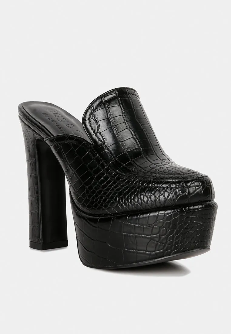 Bauhaus Croc Pattern Heeled Platform Mules By Ruw