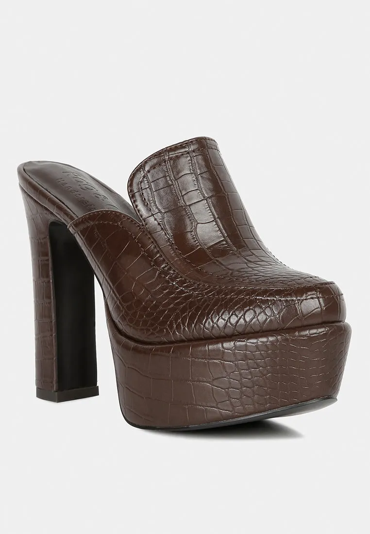 Bauhaus Croc Pattern Heeled Platform Mules By Ruw