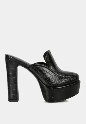 Bauhaus Croc Pattern Heeled Platform Mules By Ruw