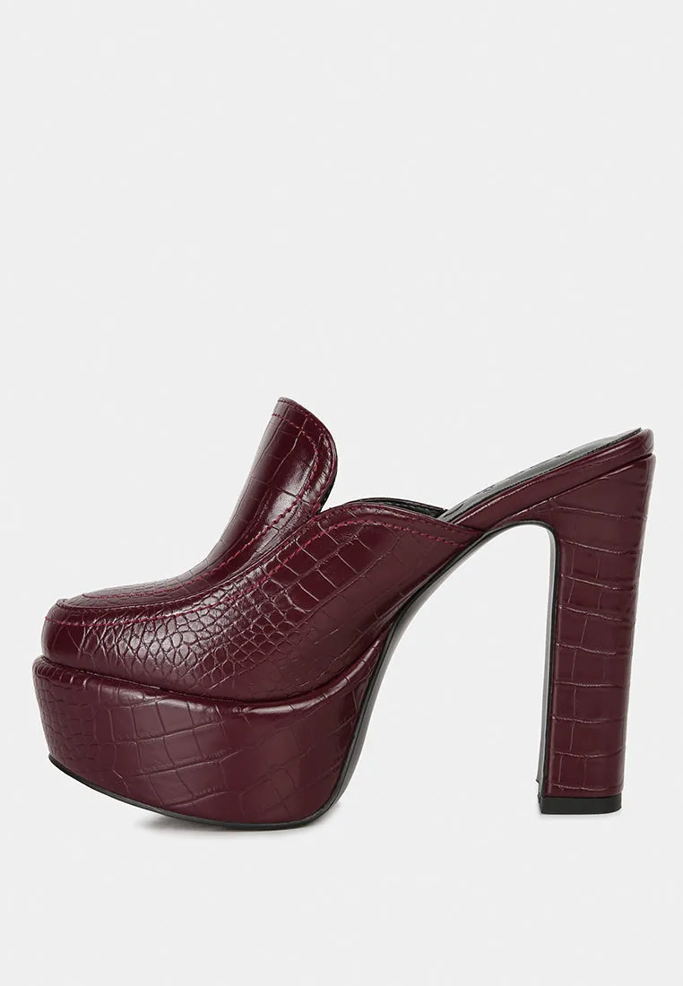 Bauhaus Croc Pattern Heeled Platform Mules By Ruw