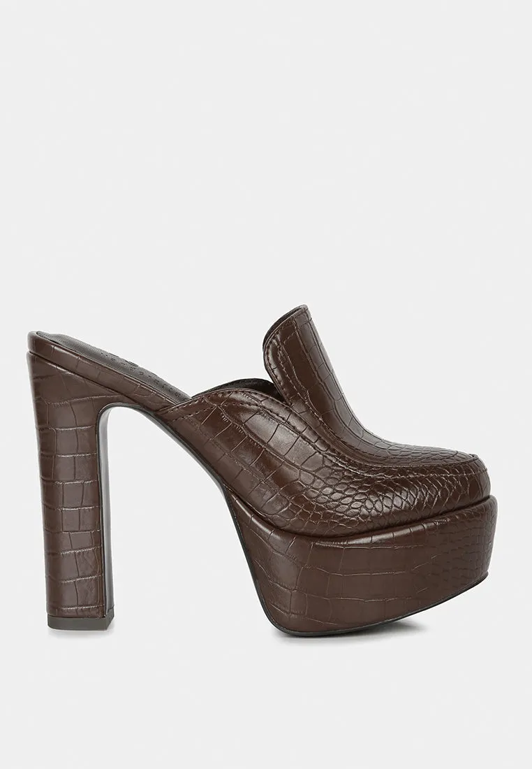 Bauhaus Croc Pattern Heeled Platform Mules By Ruw