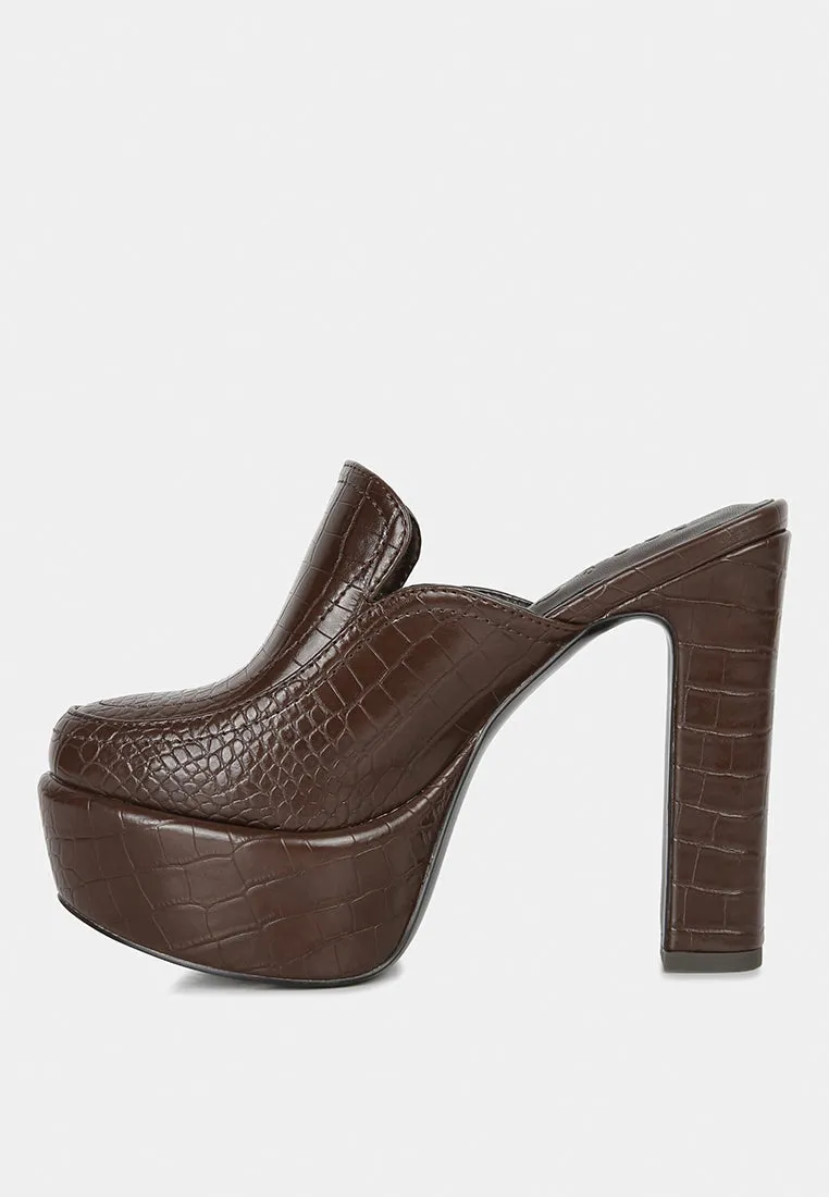 Bauhaus Croc Pattern Heeled Platform Mules By Ruw