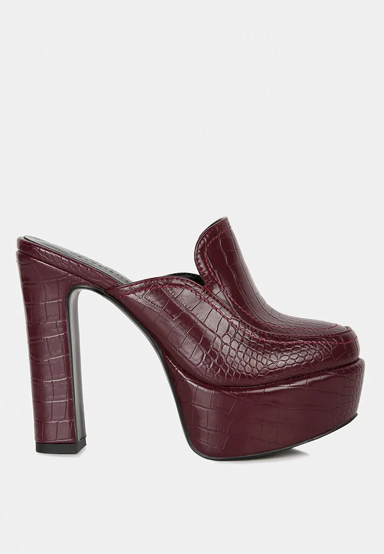 Bauhaus Croc Pattern Heeled Platform Mules By Ruw