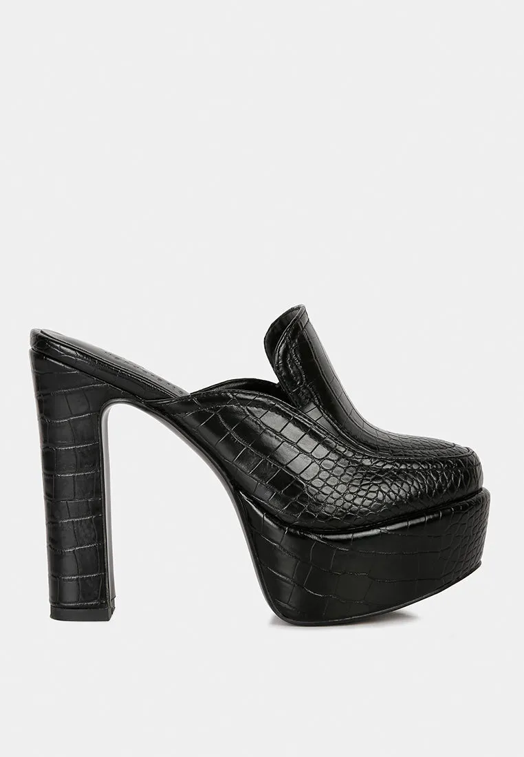 Bauhaus Croc Pattern Heeled Platform Mules By Ruw
