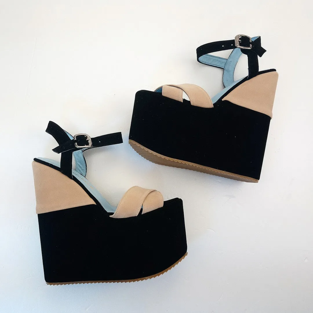 Black Cream Velvet Ankle Strap Platform Wedge Sandals