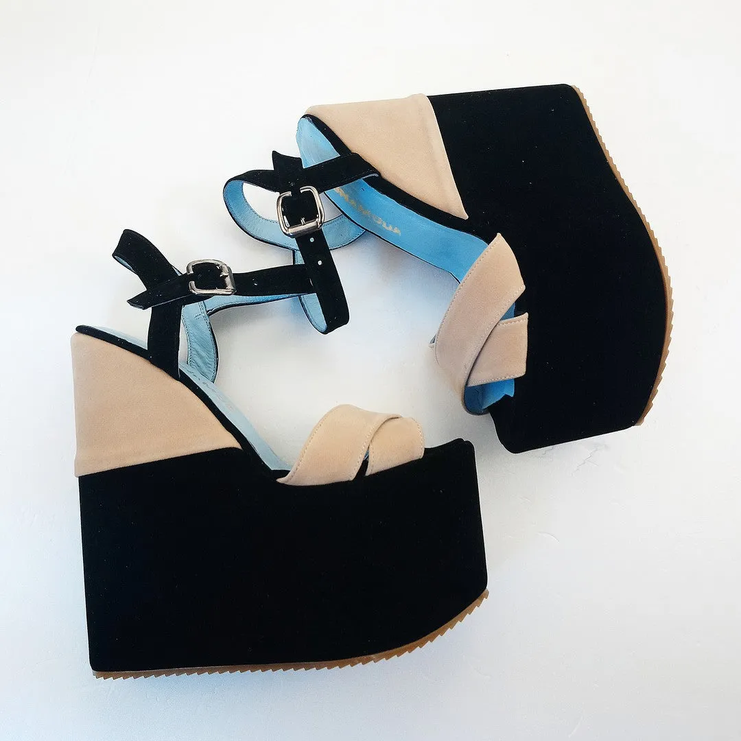Black Cream Velvet Ankle Strap Platform Wedge Sandals