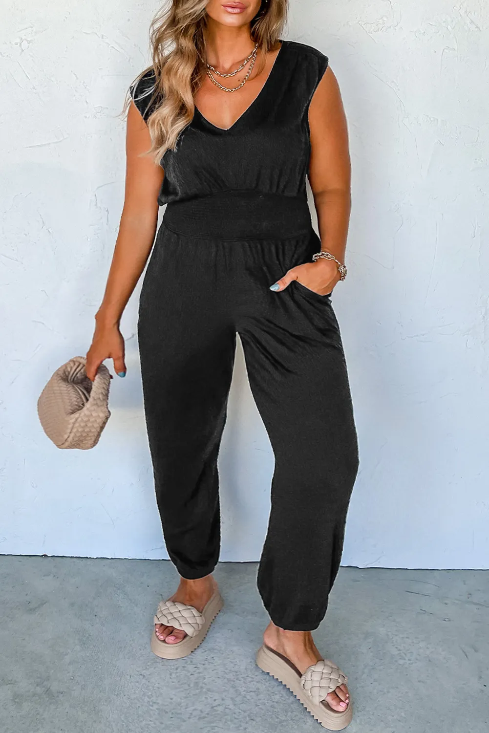 Black Plus Smocked High Waist Sleeveless V Neck Jumpsuit