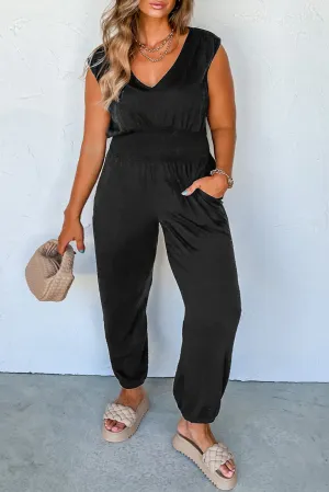 Black Plus Smocked High Waist Sleeveless V Neck Jumpsuit