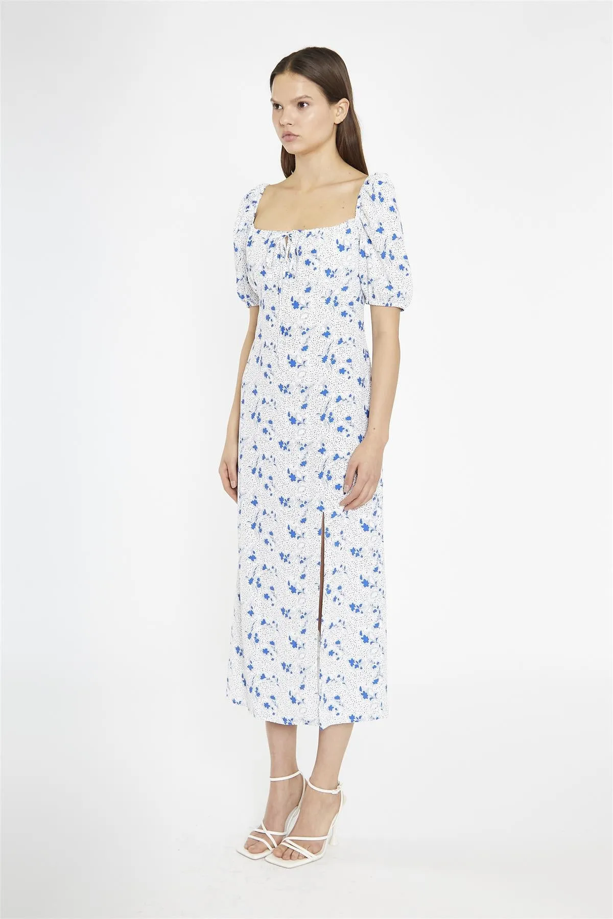 Blue Dot Vintage Floral Milkmaid Midi-Dress