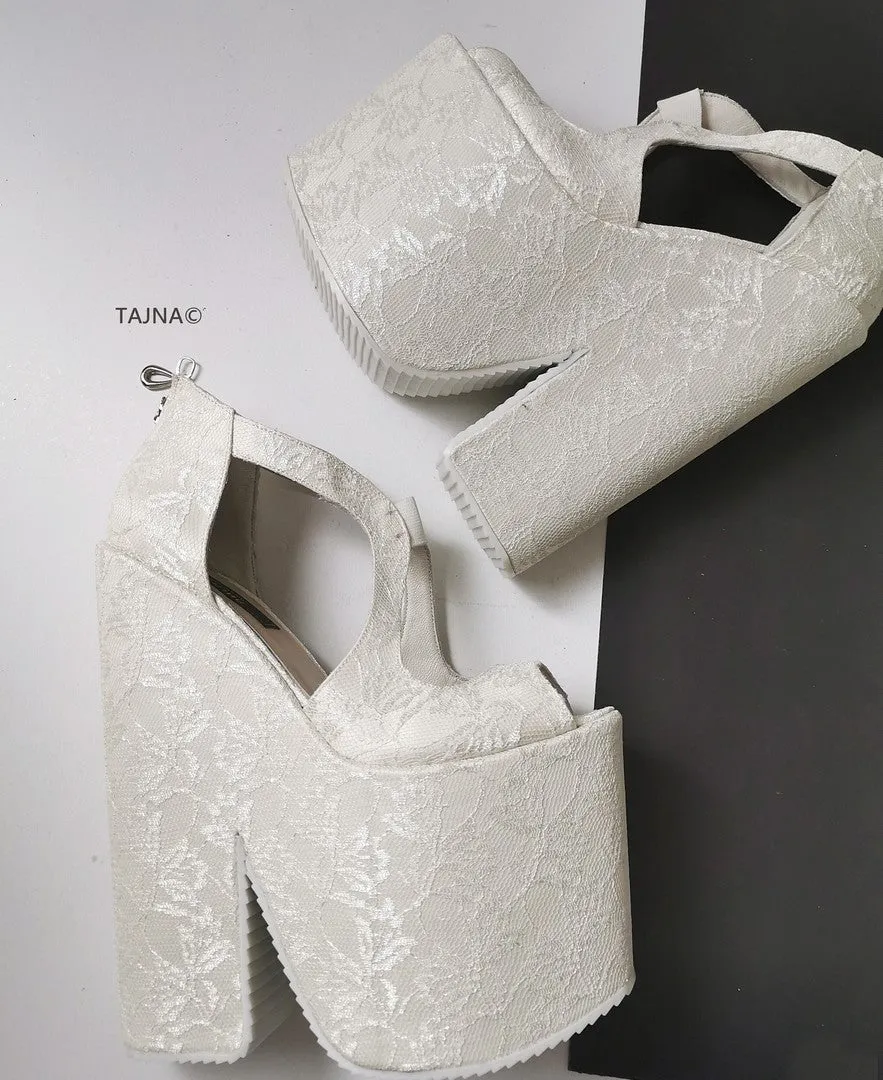 Bridal White Lace Mega Platform Wedges