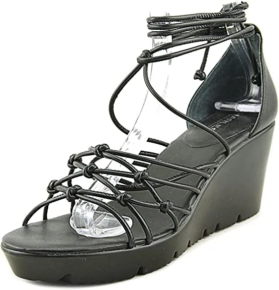 CHARLES DAVID Charles Vegas Black Smooth Strappy Wedge Sandals (7.5, Black Smooth)