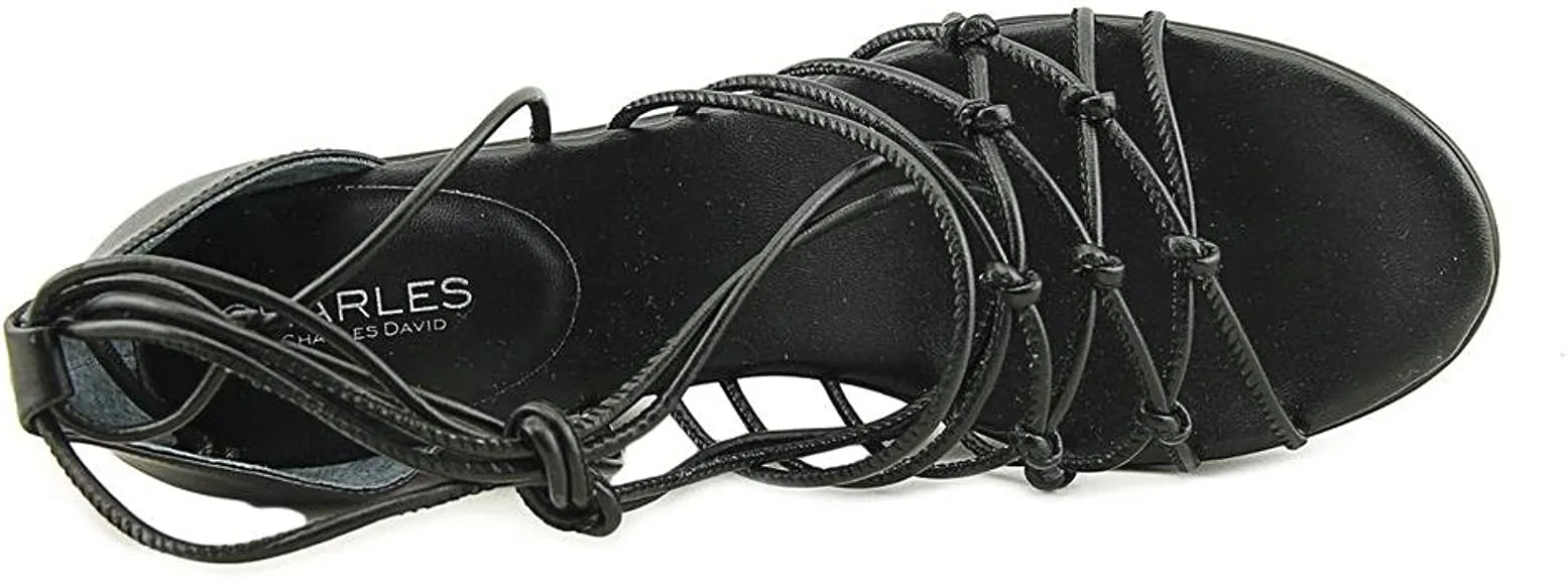 CHARLES DAVID Charles Vegas Black Smooth Strappy Wedge Sandals (7.5, Black Smooth)
