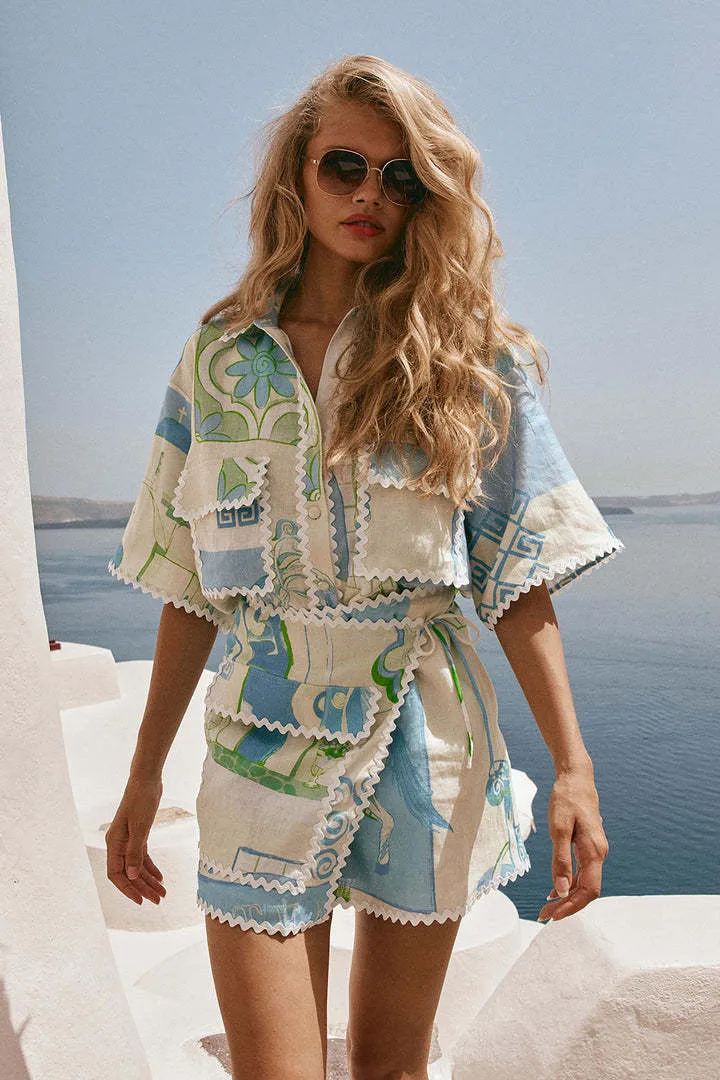Charming Lace-Printed Top and Matching Shorts Two-Piece Set for a Breezy, Boho-Inspired Look