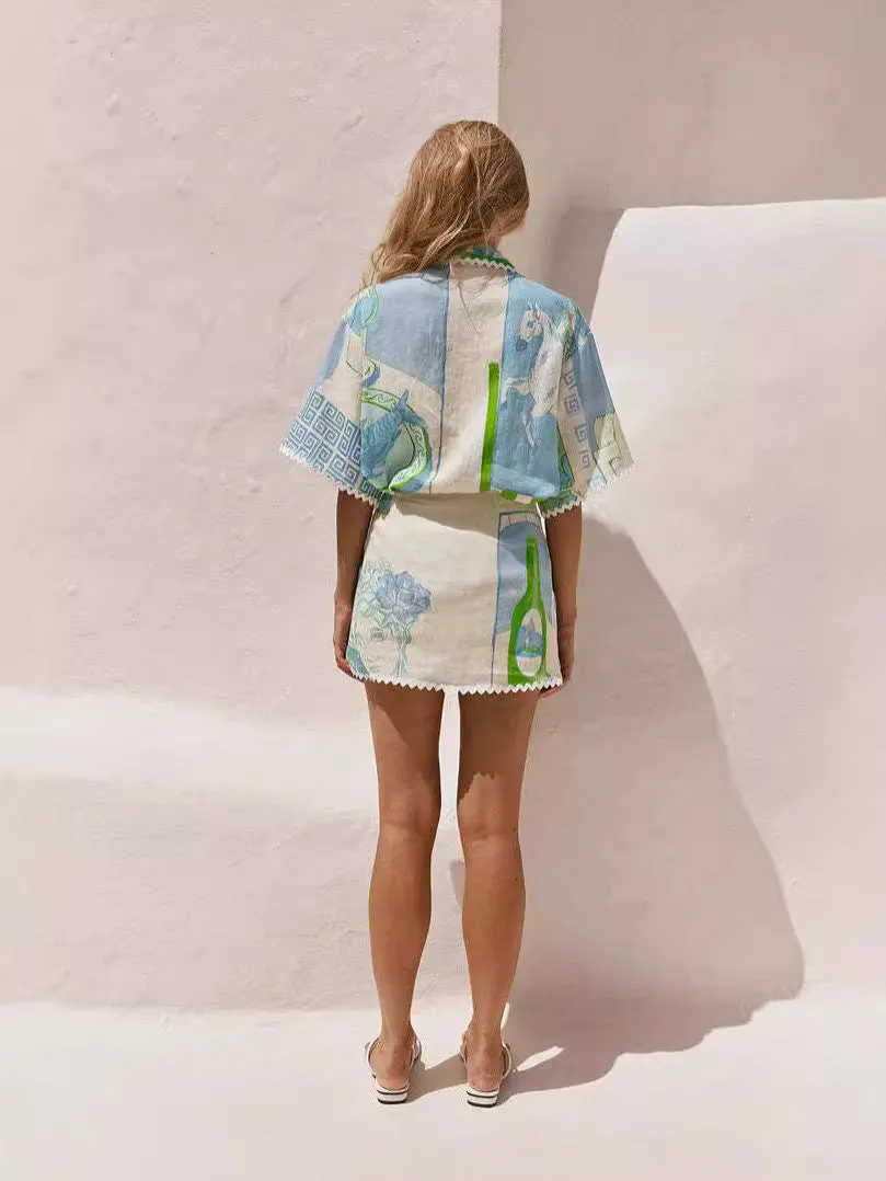 Charming Lace-Printed Top and Matching Shorts Two-Piece Set for a Breezy, Boho-Inspired Look