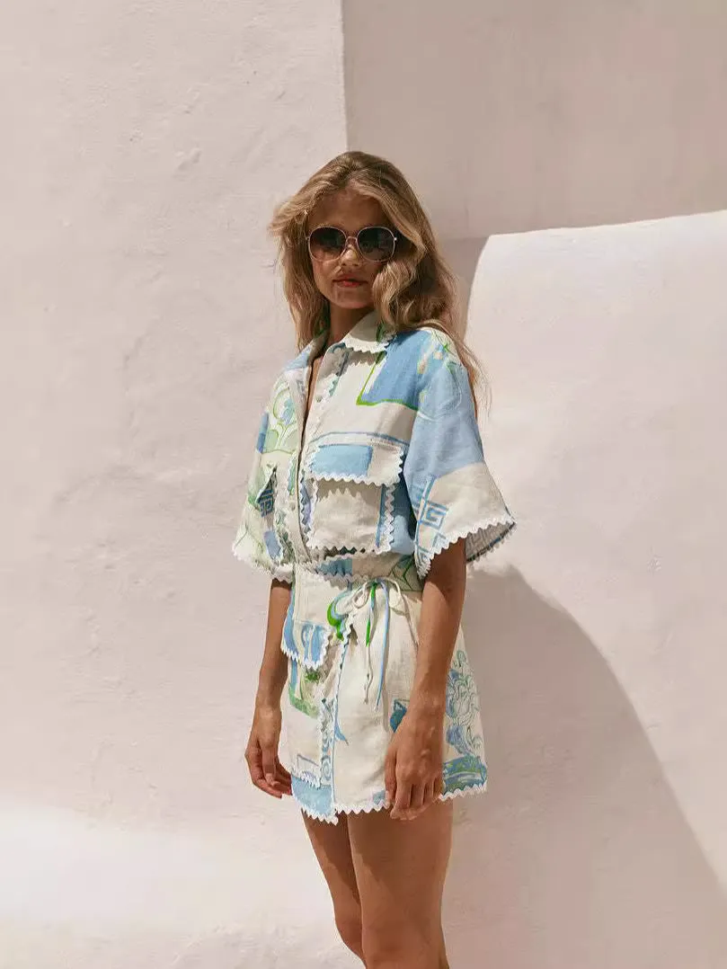 Charming Lace-Printed Top and Matching Shorts Two-Piece Set for a Breezy, Boho-Inspired Look