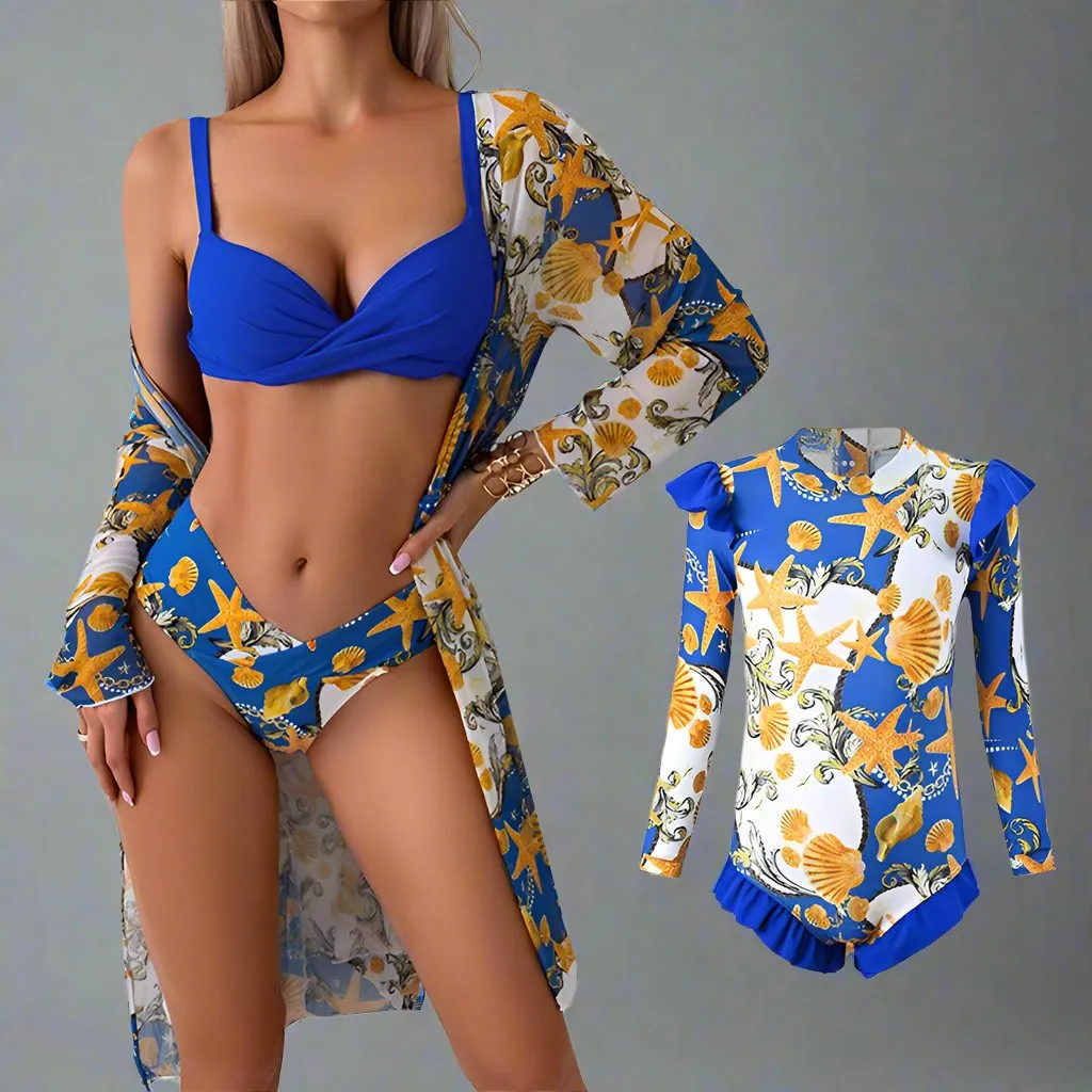 Chic Family Bonding - Mother & Daughter Matching Swimsuit Set with Long-Sleeved Cover-Up