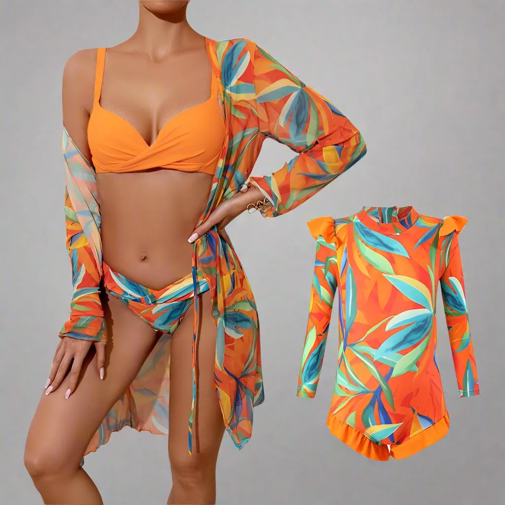 Chic Family Bonding - Mother & Daughter Matching Swimsuit Set with Long-Sleeved Cover-Up
