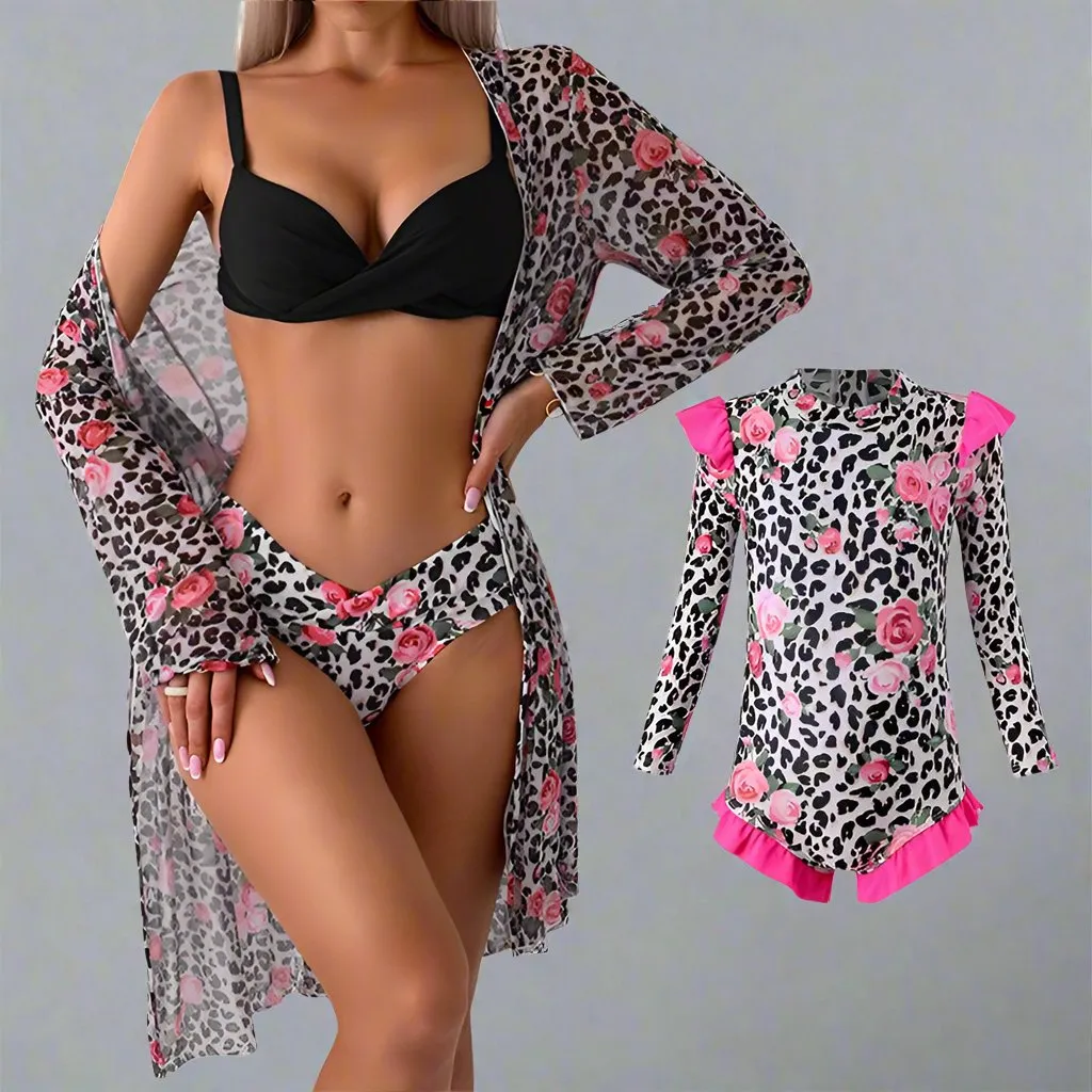 Chic Family Bonding - Mother & Daughter Matching Swimsuit Set with Long-Sleeved Cover-Up