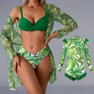 Chic Family Bonding - Mother & Daughter Matching Swimsuit Set with Long-Sleeved Cover-Up