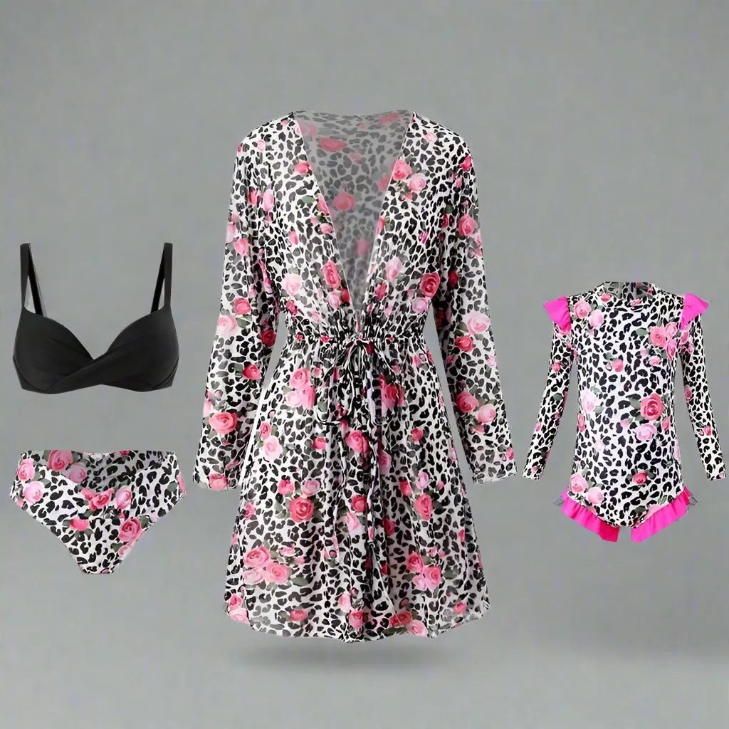 Chic Family Bonding - Mother & Daughter Matching Swimsuit Set with Long-Sleeved Cover-Up