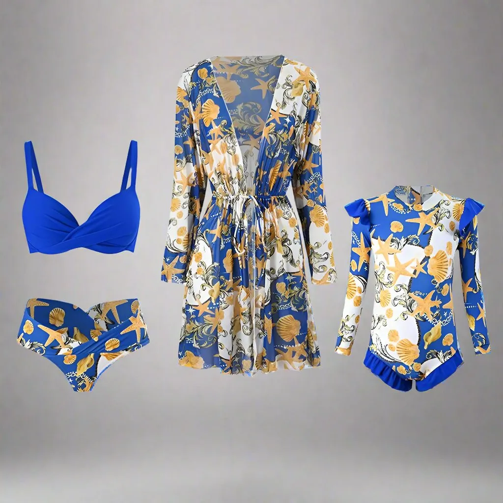 Chic Family Bonding - Mother & Daughter Matching Swimsuit Set with Long-Sleeved Cover-Up
