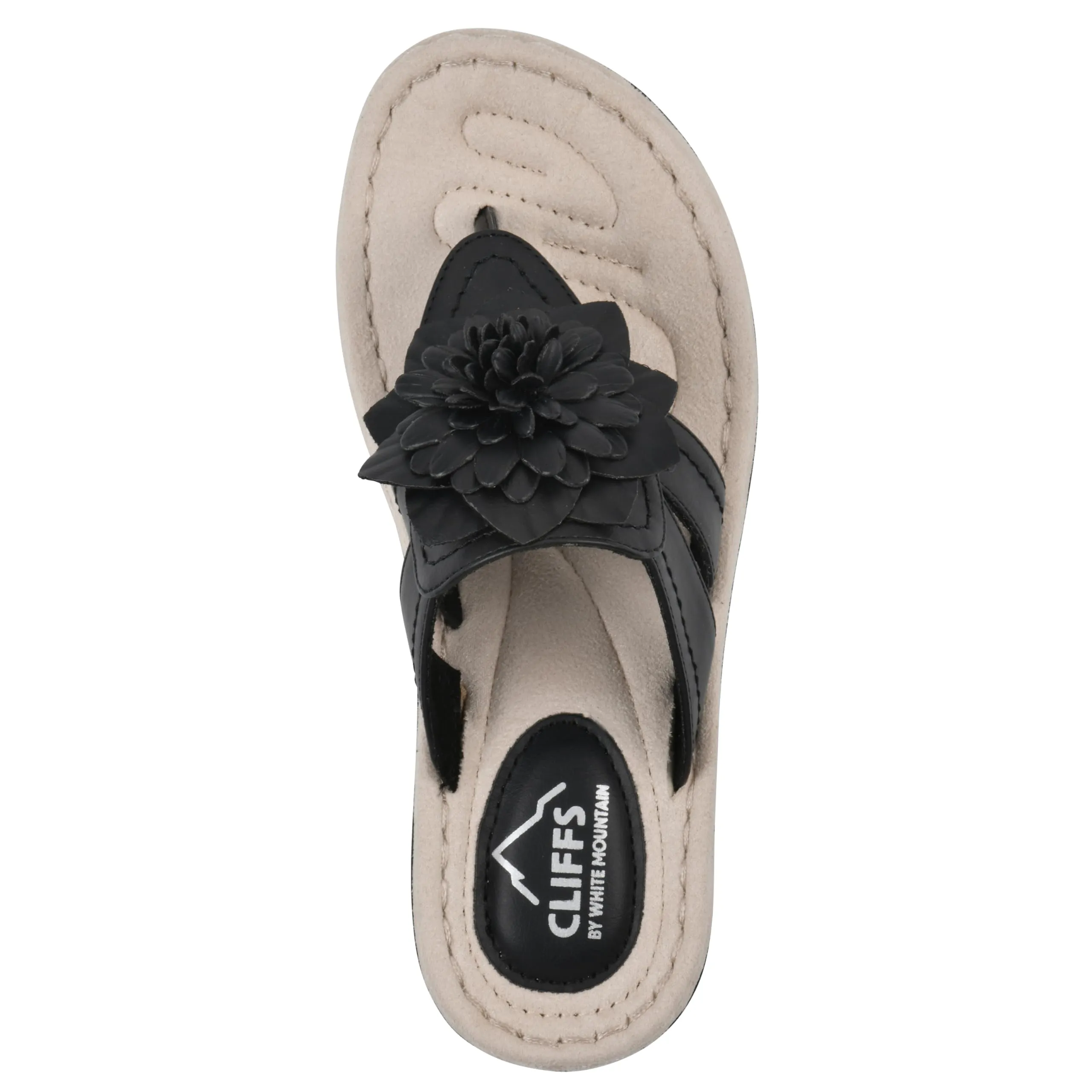 CLIFFS BY WHITE MOUNTAIN Women's Cassia Mini Wedge Flower Flip Flop Sandal, Black/Smooth, 8.5 M
