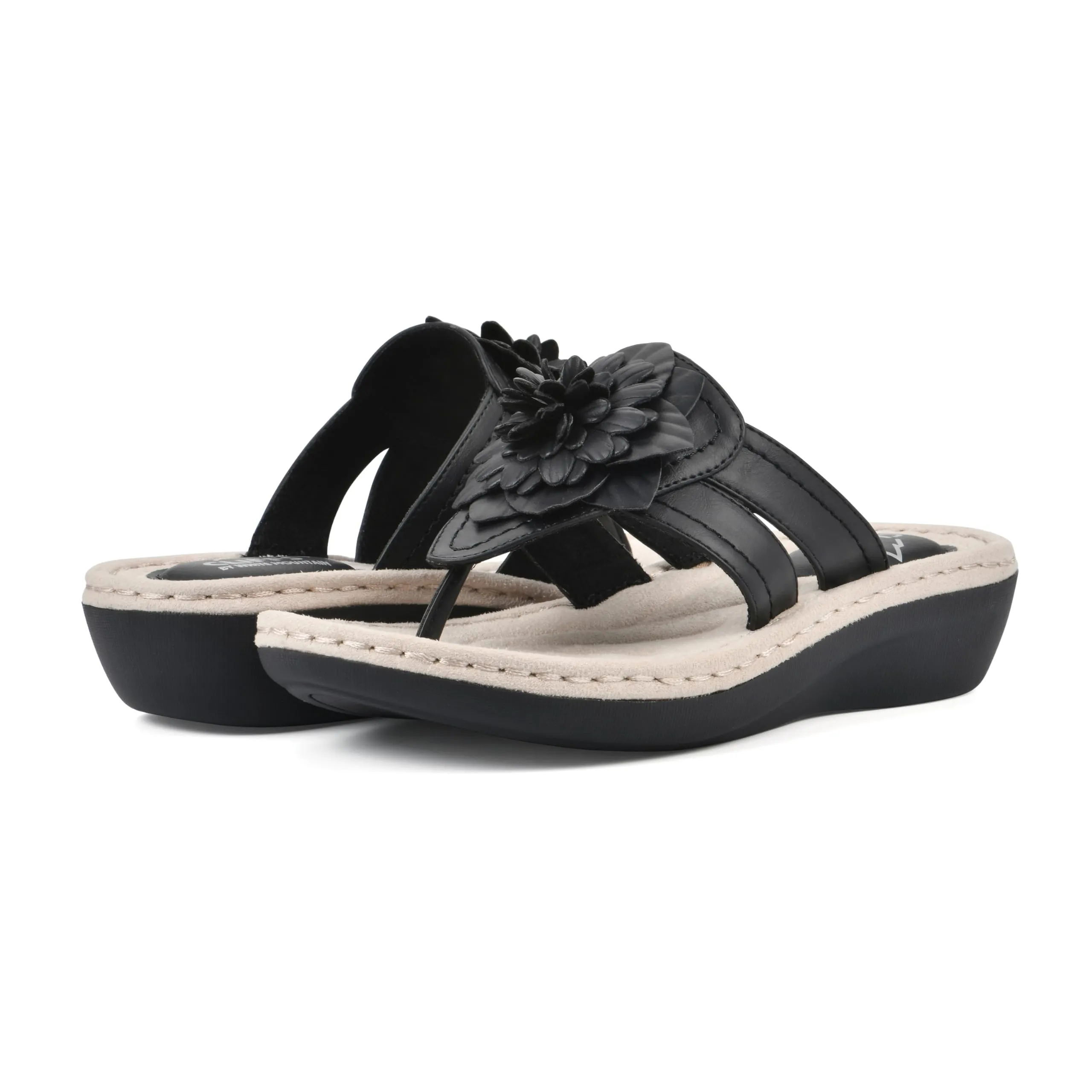 CLIFFS BY WHITE MOUNTAIN Women's Cassia Mini Wedge Flower Flip Flop Sandal, Black/Smooth, 8.5 M