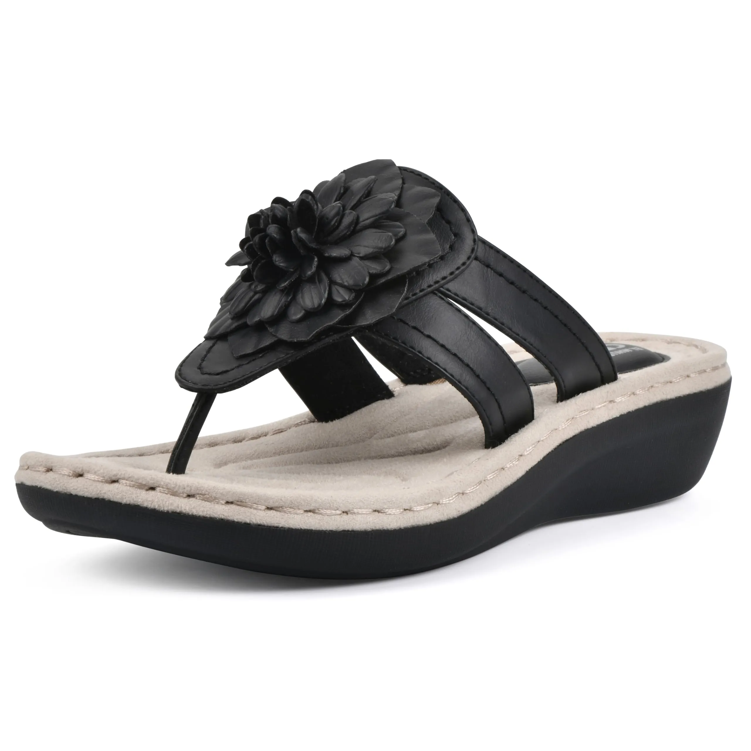CLIFFS BY WHITE MOUNTAIN Women's Cassia Mini Wedge Flower Flip Flop Sandal, Black/Smooth, 8.5 M