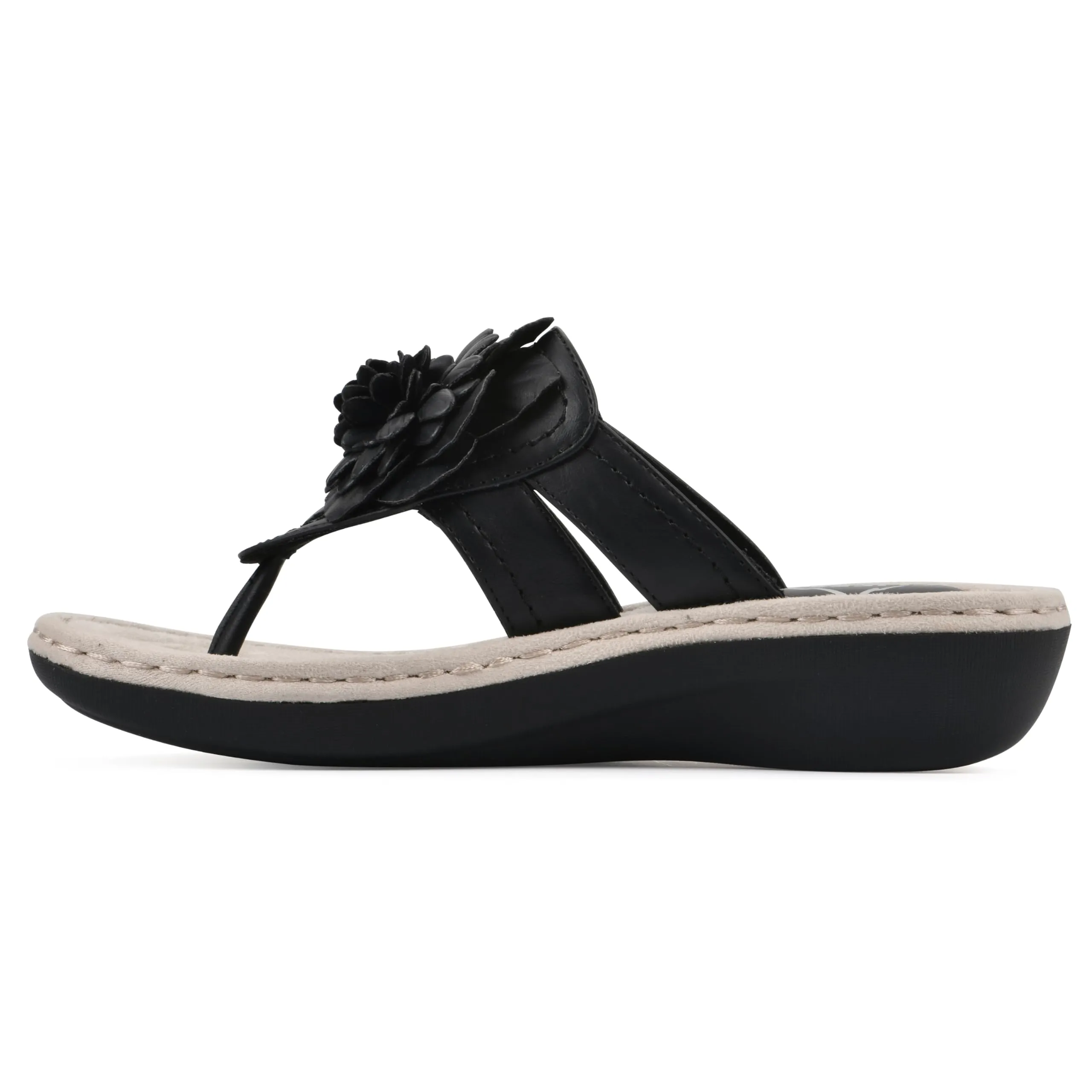 CLIFFS BY WHITE MOUNTAIN Women's Cassia Mini Wedge Flower Flip Flop Sandal, Black/Smooth, 8.5 M