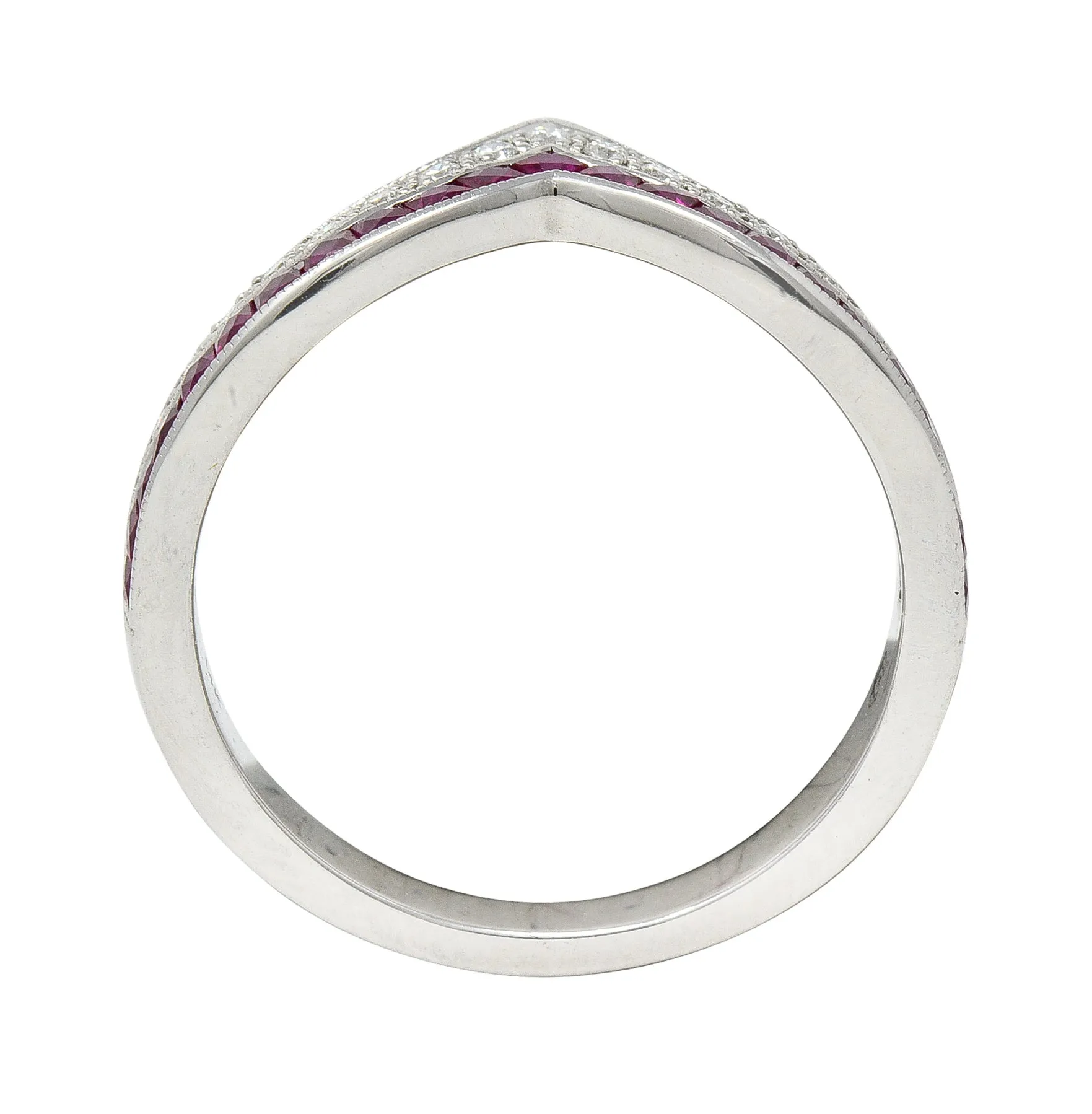 Contemporary 0.69 CTW French Cut Ruby Diamond 14 Karat White Gold Chevron Contour Band Ring