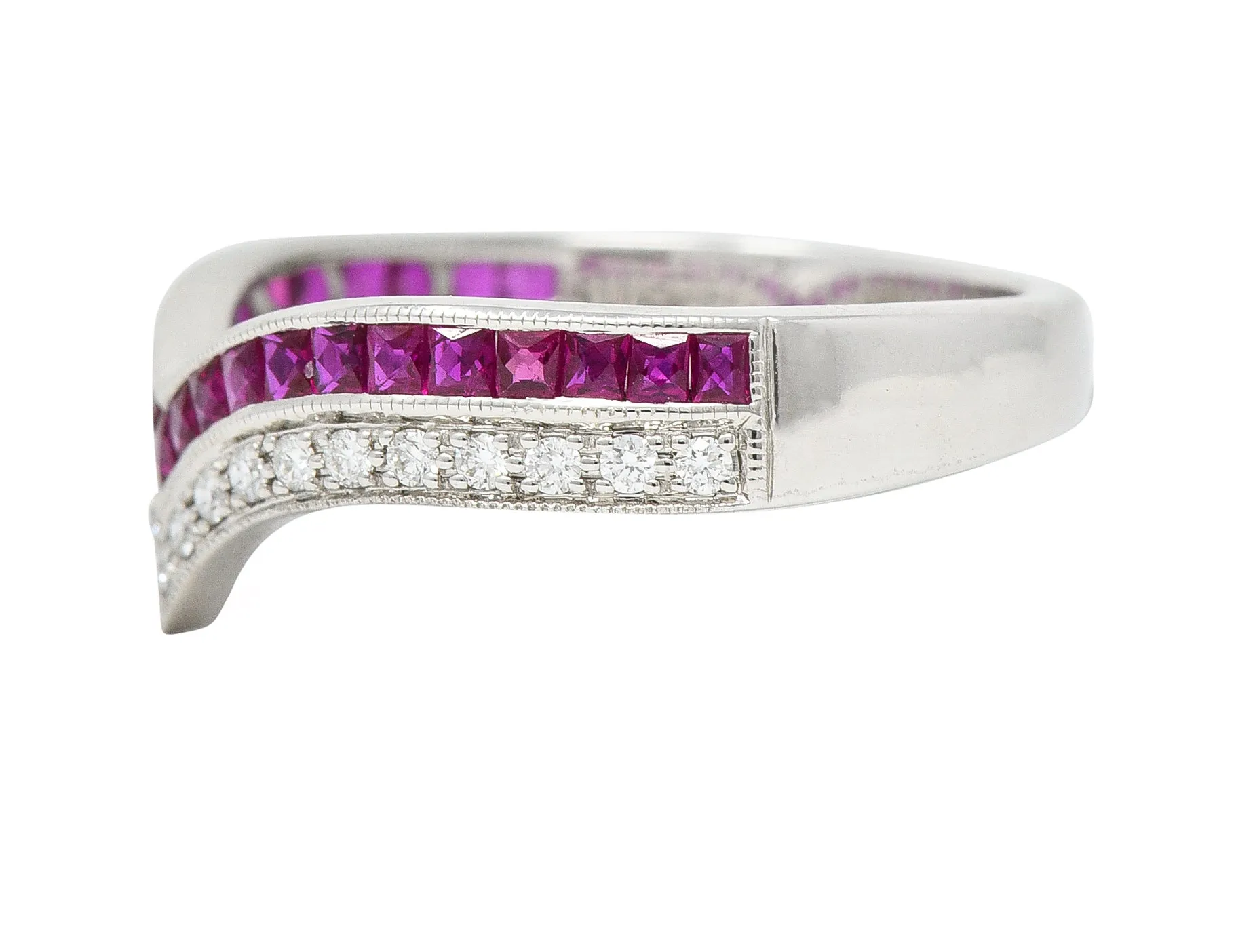 Contemporary 0.69 CTW French Cut Ruby Diamond 14 Karat White Gold Chevron Contour Band Ring