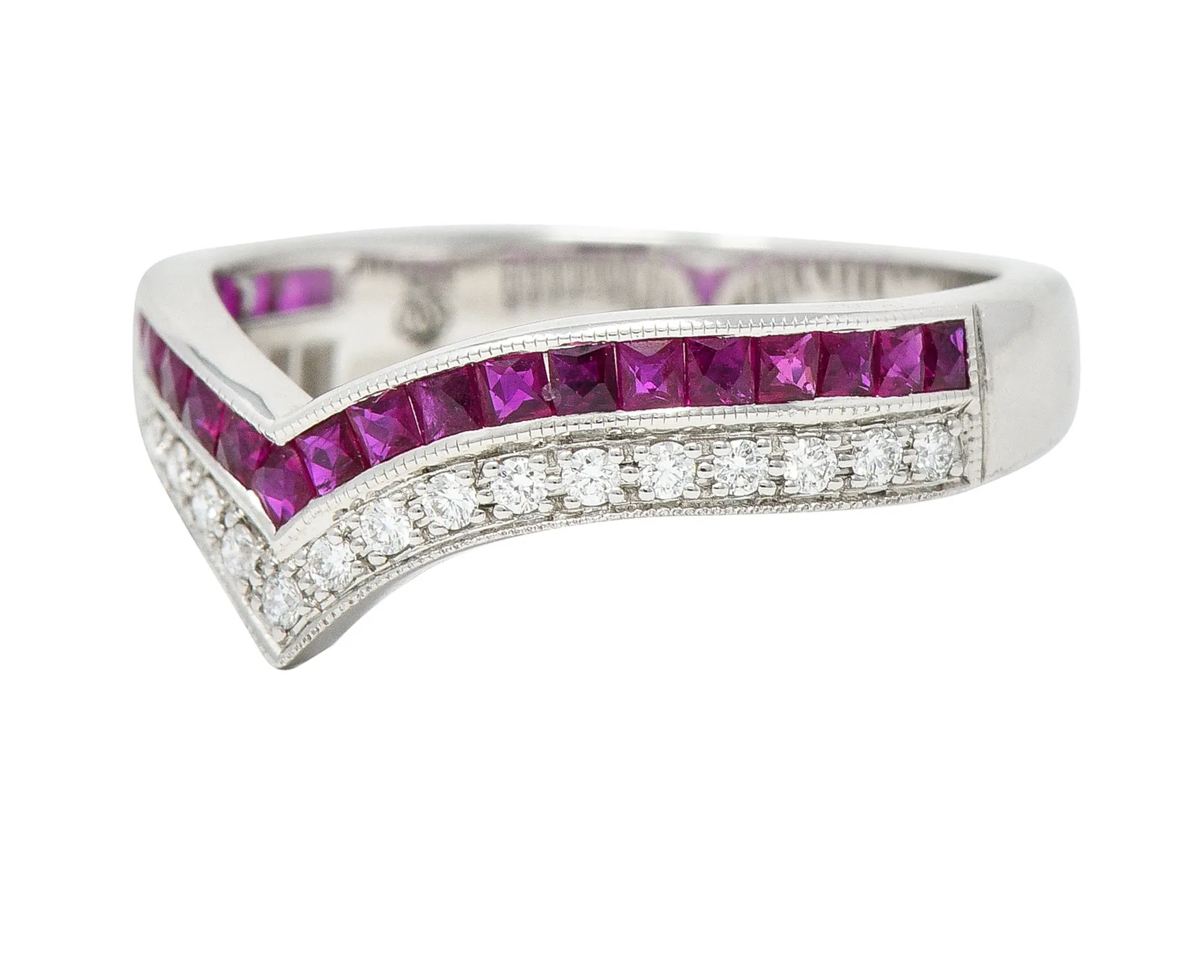 Contemporary 0.69 CTW French Cut Ruby Diamond 14 Karat White Gold Chevron Contour Band Ring