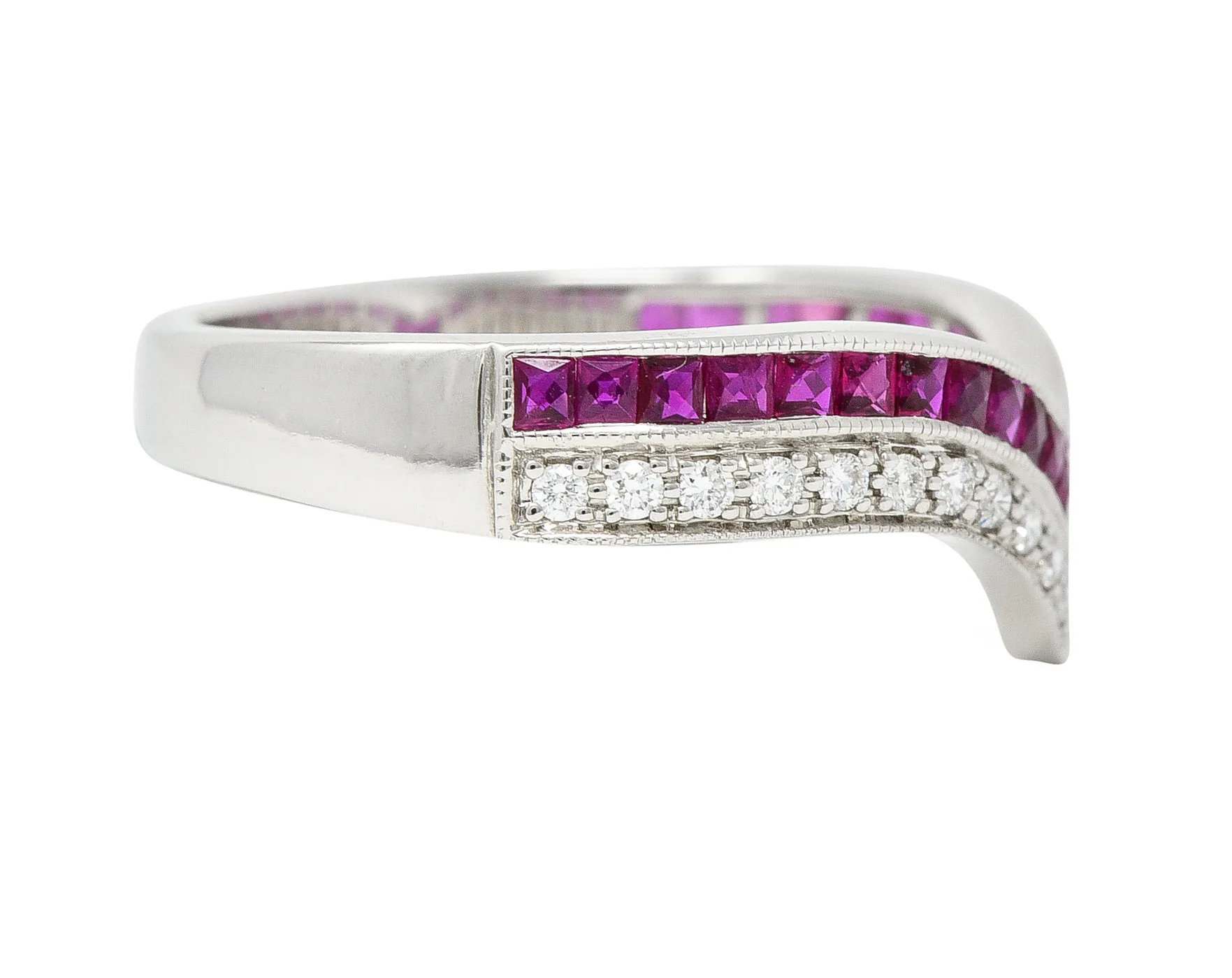 Contemporary 0.69 CTW French Cut Ruby Diamond 14 Karat White Gold Chevron Contour Band Ring