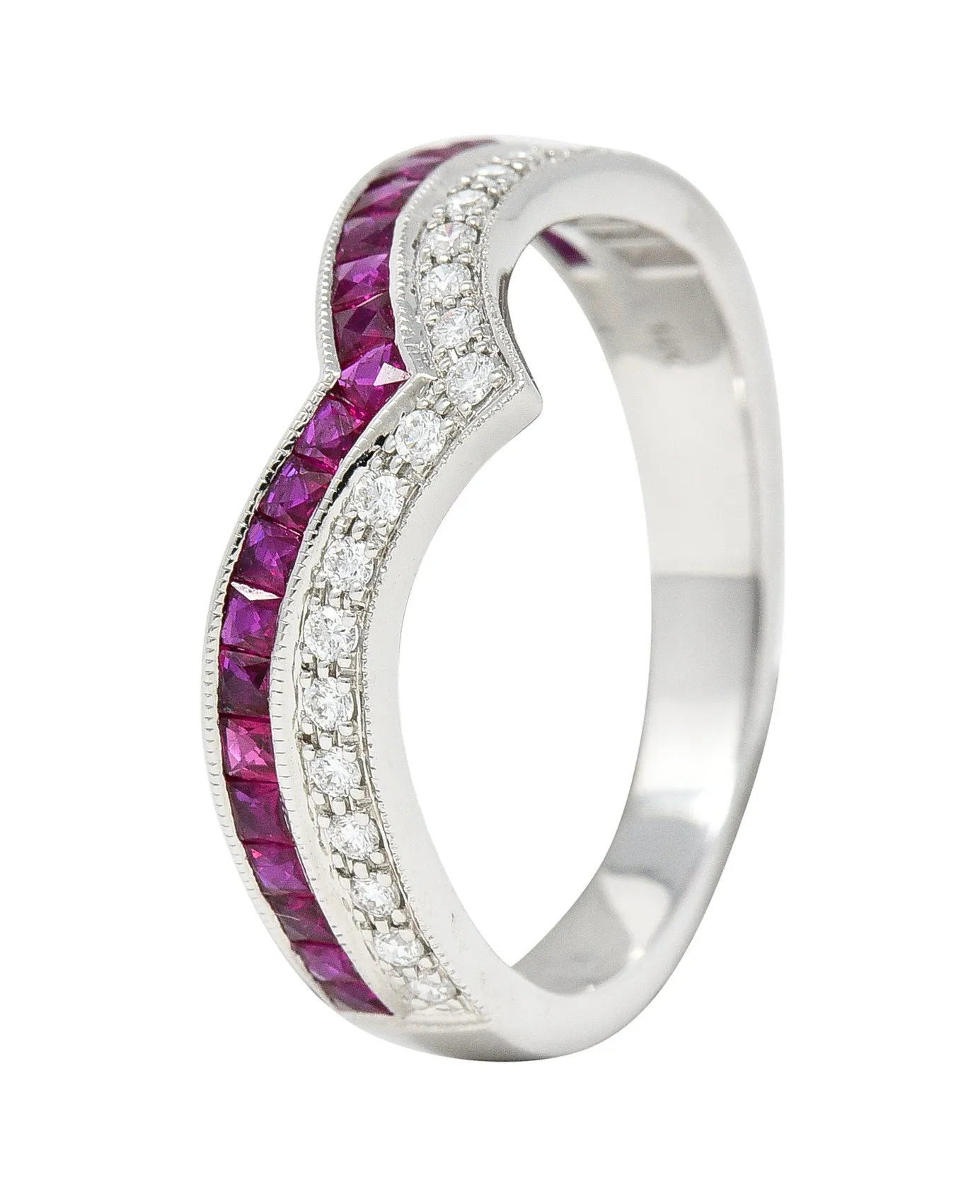 Contemporary 0.69 CTW French Cut Ruby Diamond 14 Karat White Gold Chevron Contour Band Ring