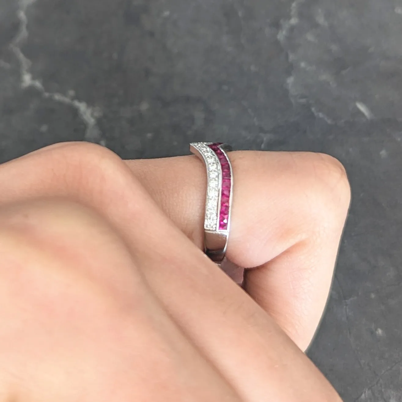 Contemporary 0.69 CTW French Cut Ruby Diamond 14 Karat White Gold Chevron Contour Band Ring