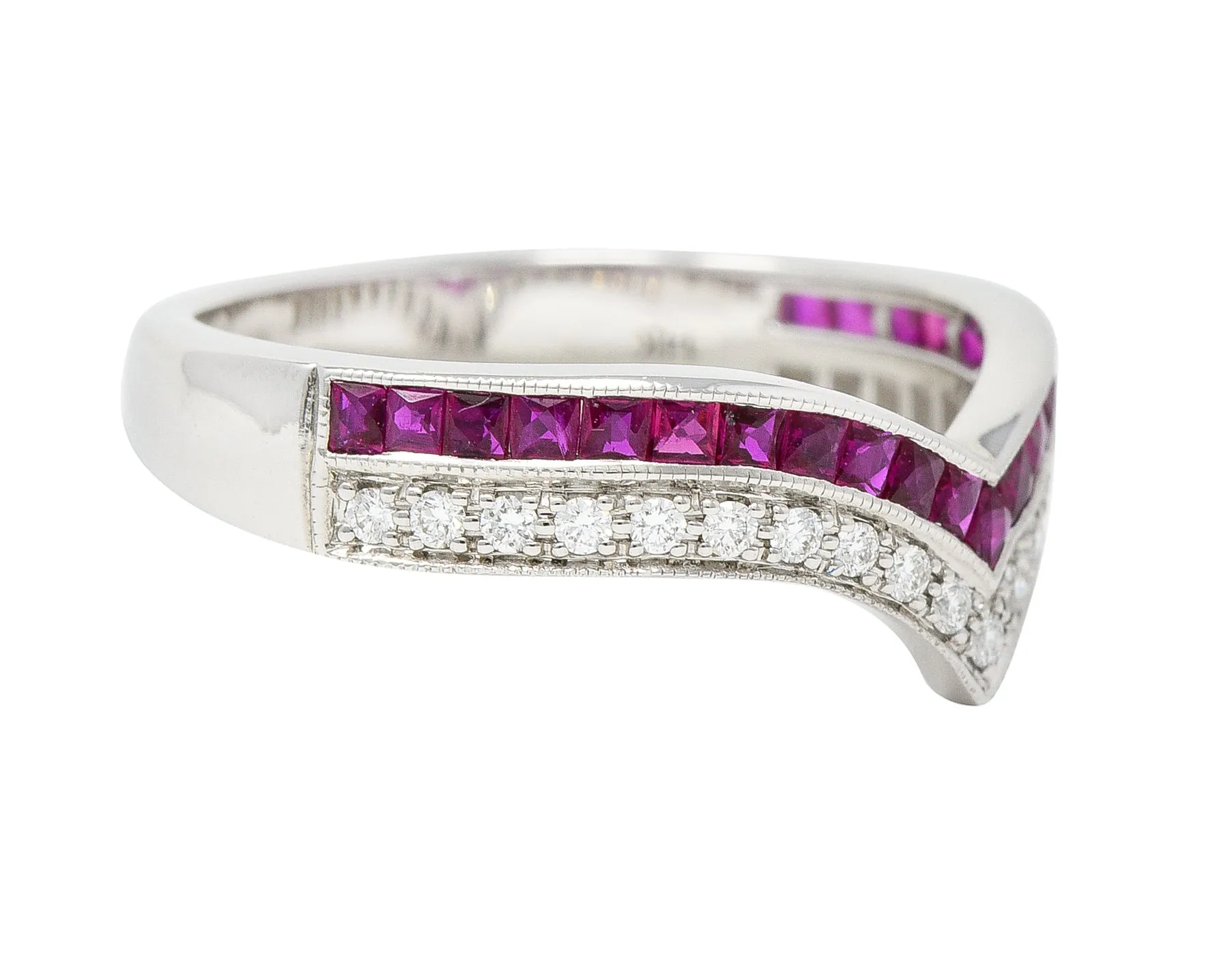 Contemporary 0.69 CTW French Cut Ruby Diamond 14 Karat White Gold Chevron Contour Band Ring