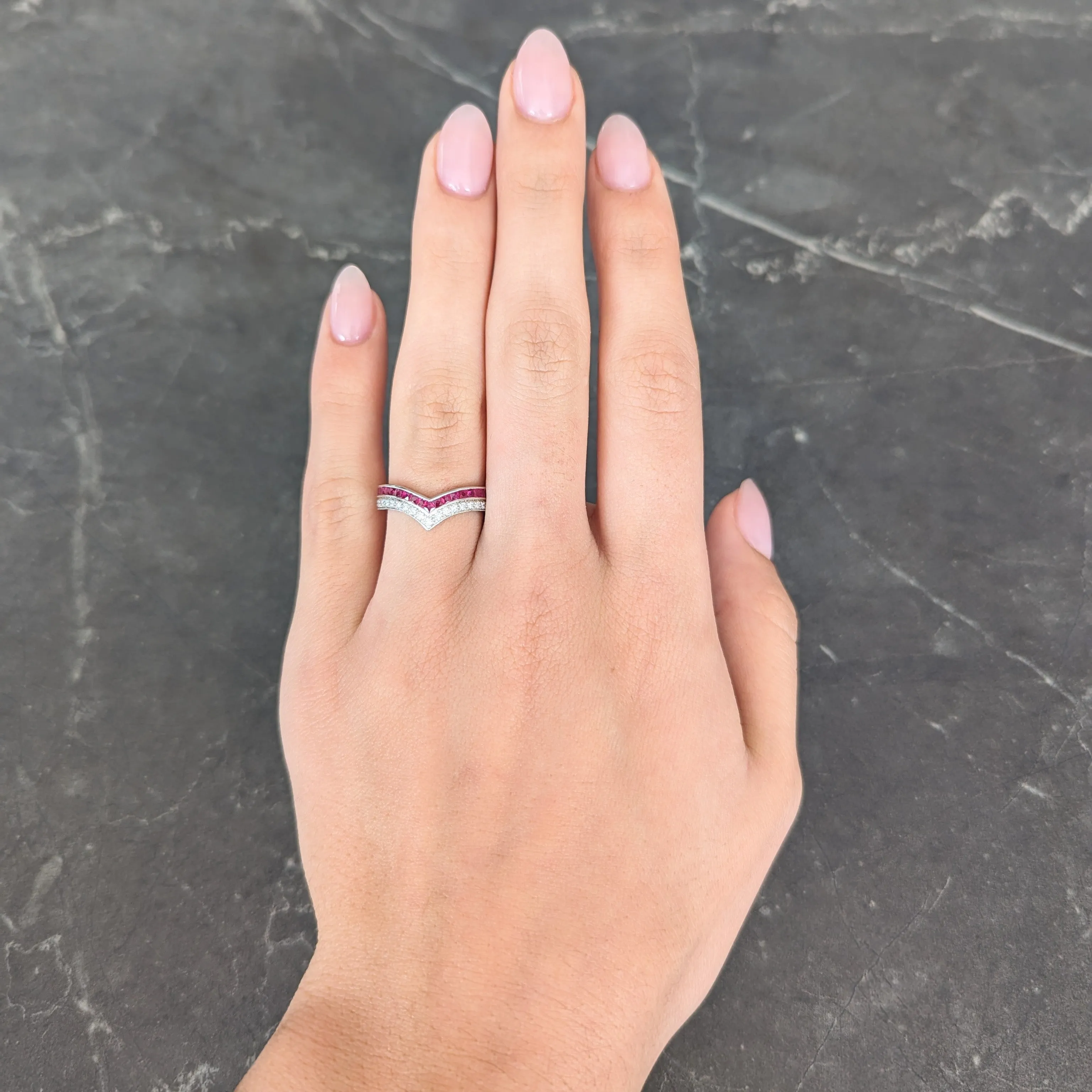Contemporary 0.69 CTW French Cut Ruby Diamond 14 Karat White Gold Chevron Contour Band Ring