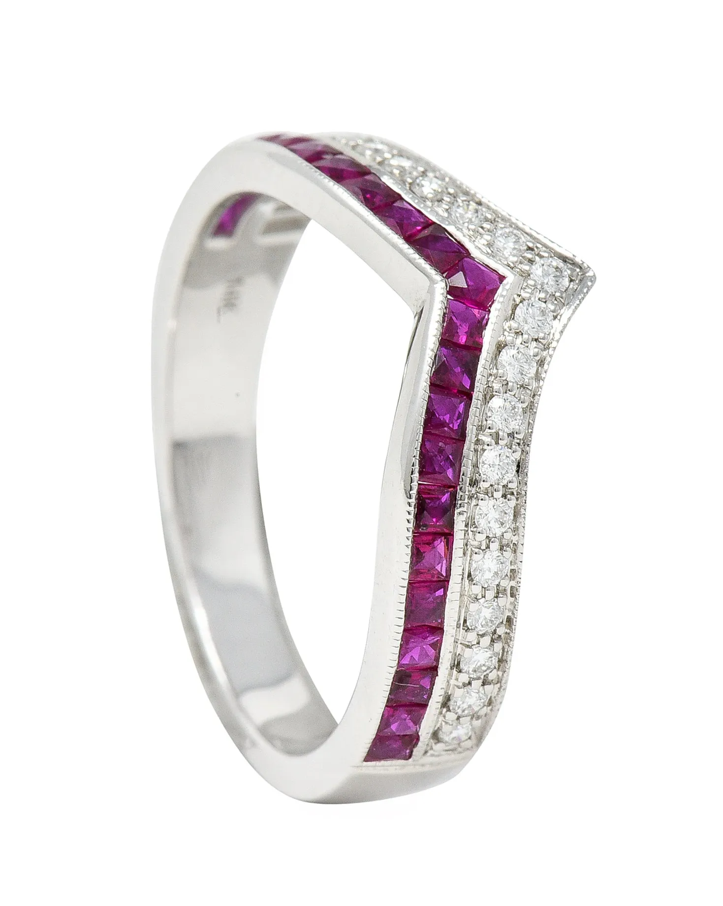 Contemporary 0.69 CTW French Cut Ruby Diamond 14 Karat White Gold Chevron Contour Band Ring