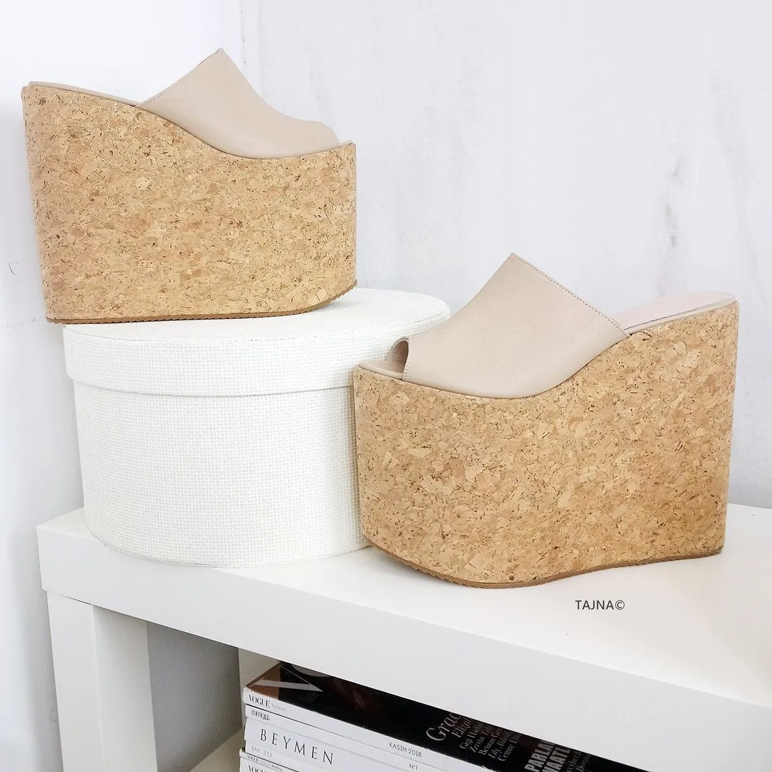 Cream Nude Cork Flat Wedge Mules