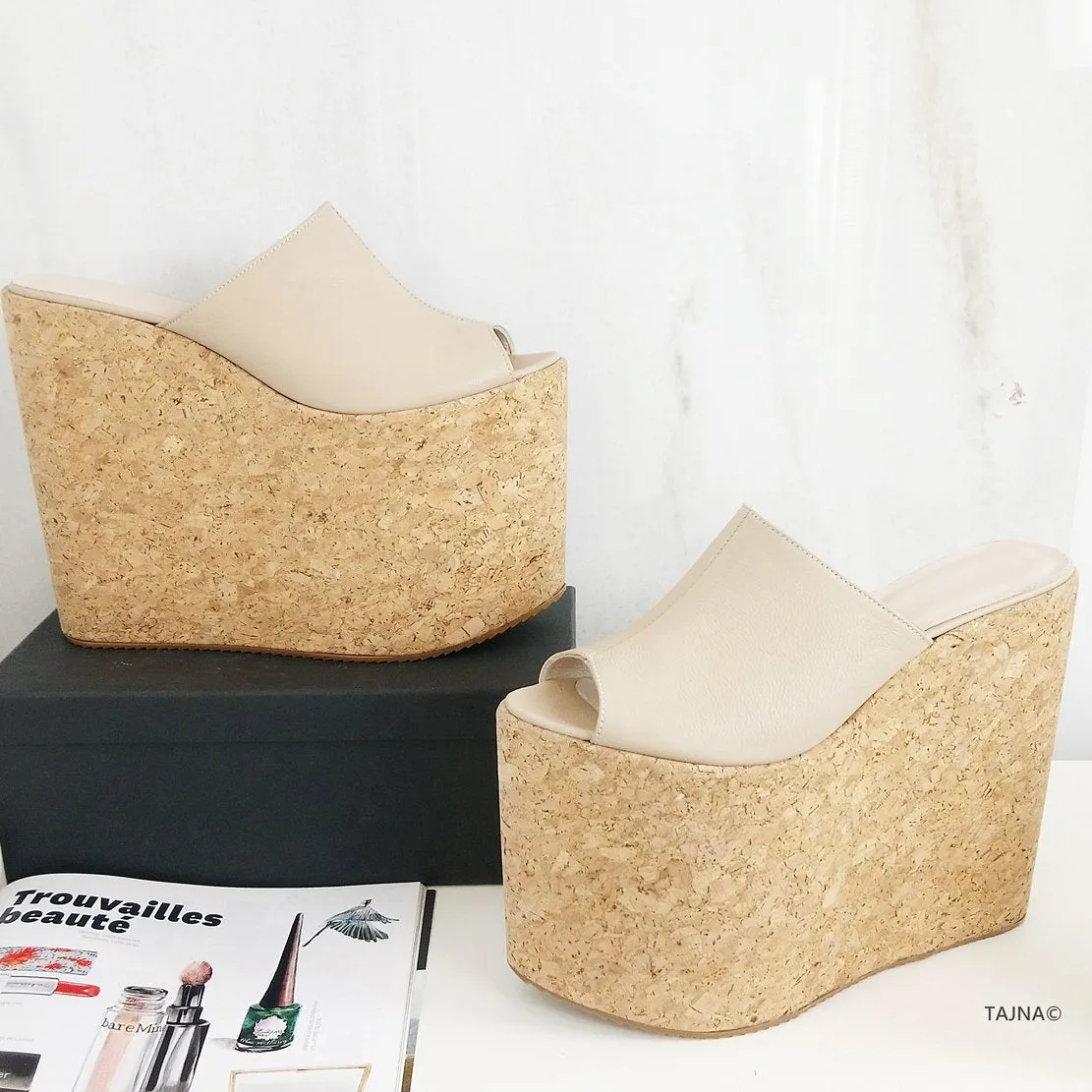 Cream Nude Cork Flat Wedge Mules