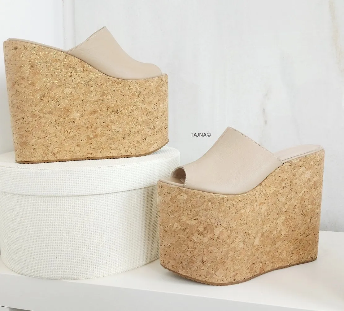Cream Nude Cork Flat Wedge Mules
