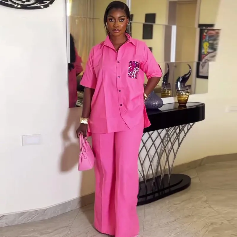 Elegant Relaxed Fit Button-Up Shirt and Wide-Leg Pants Two-Piece Set