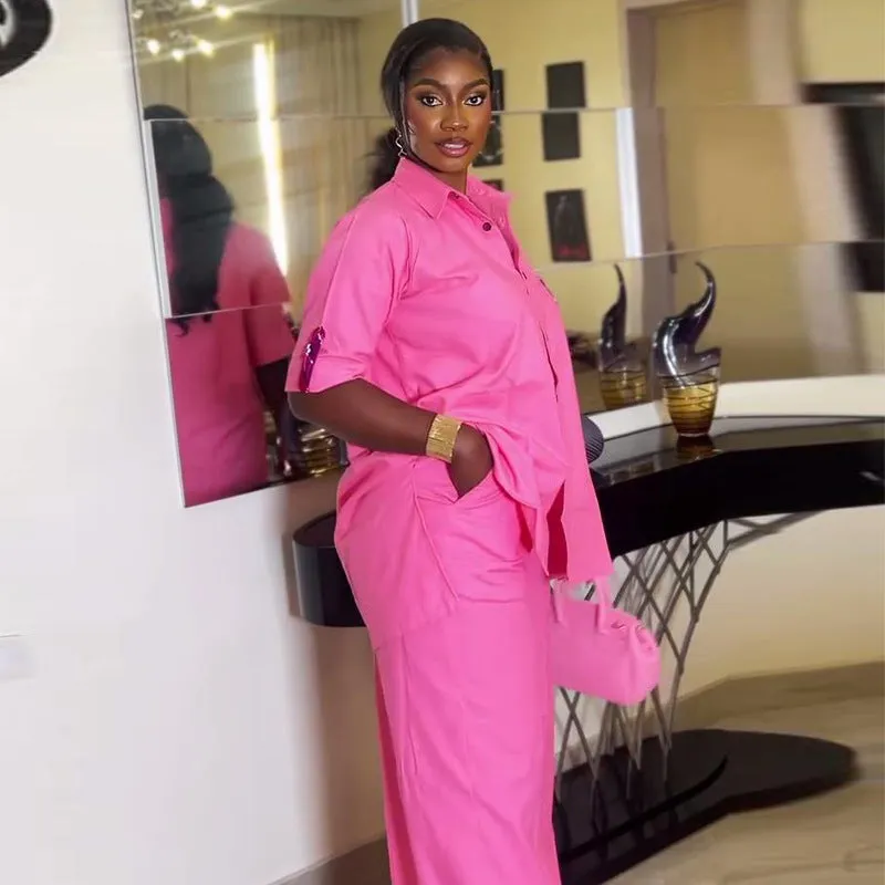 Elegant Relaxed Fit Button-Up Shirt and Wide-Leg Pants Two-Piece Set