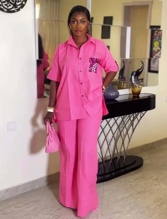 Elegant Relaxed Fit Button-Up Shirt and Wide-Leg Pants Two-Piece Set