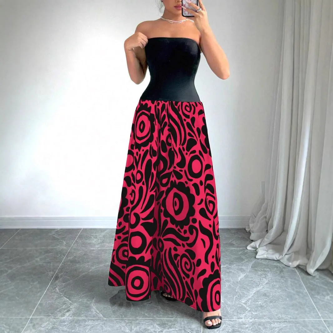 Elegant Strapless Maxi Dress with Bold Abstract Patterns