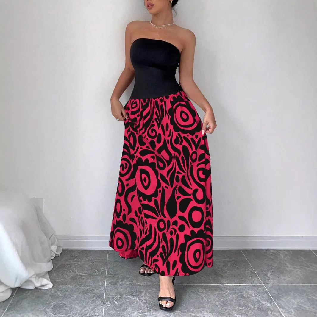 Elegant Strapless Maxi Dress with Bold Abstract Patterns