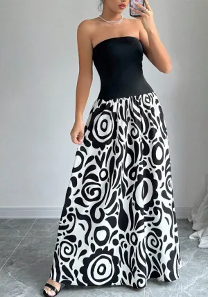 Elegant Strapless Maxi Dress with Bold Abstract Patterns